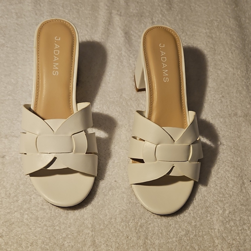 J. Adams White Synthetic Braided Strap Block Heel Mule Open Toe Slip On Size 8